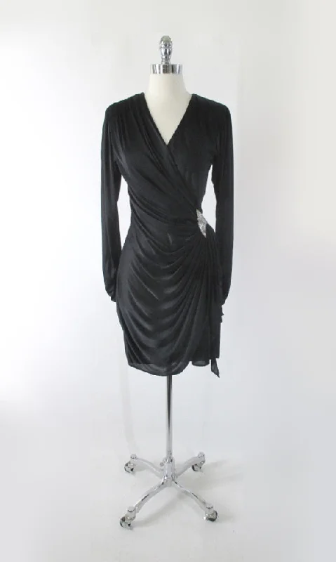 Season Finale Sale Vintage 80s Black Side Drape Beaded Party Dress S