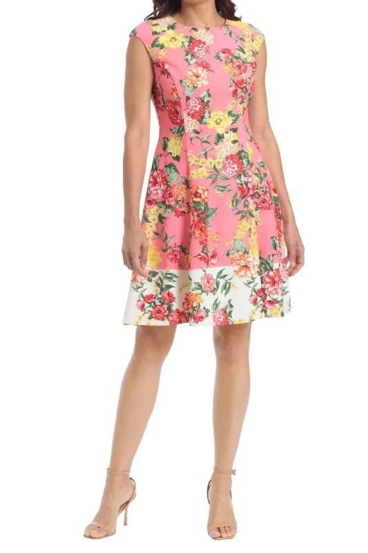 Act Now London Times T6720M - London Times Cap Sleeve Floral Fit & Flare Dress