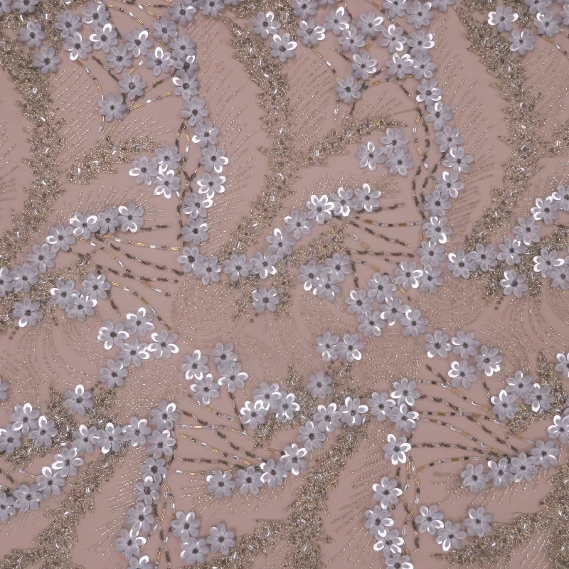 Online Specials Ivory Beads with Silver High Relief Florals on Embroidered Tulle Fabric