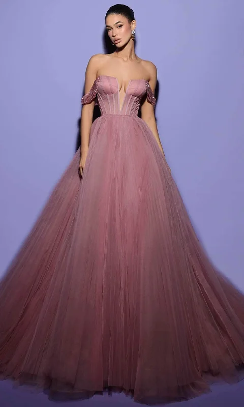Take Advantage Tarik Ediz 98471 - Draped Sleeve Corset Ballgown