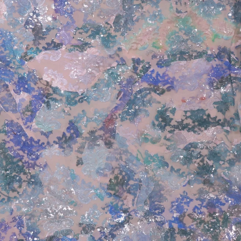 Limited Time Multicolored Blues Embroidery Corded Abstract Painting on Embroidered Tulle Fabric