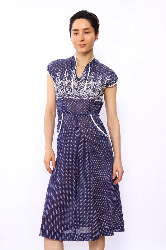 Warehouse Sale 1940s Sheer Indigo Swiss Dot Day Dress XS