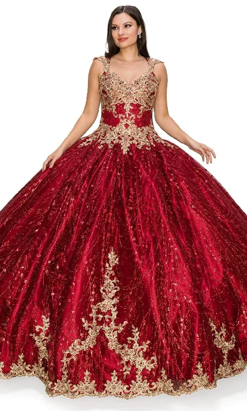 Stock Clearance Cinderella Couture 8024J - V-Neck Gold Embroidered Ballgown