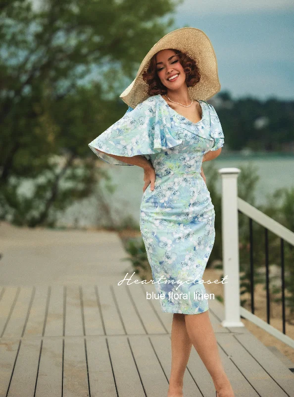 Stock Clearance Sandra - blue floral linen 1950s pencil dress with matching cape