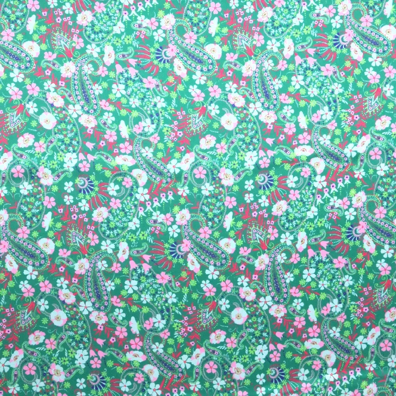 Today’s Deal Green Floral and Paisleys Printed Silk Charmeuse Fabric