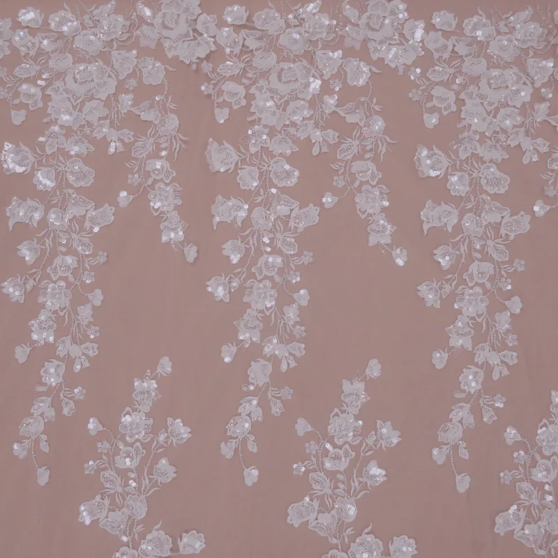 Final Clearance White Medium Floral Sequins and Beads on Embroidered Tulle Fabric