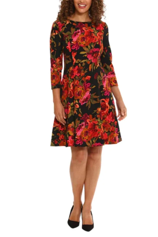Daily Deals London Times T7018M - Floral Printed Jewel Neck Cocktail Dress