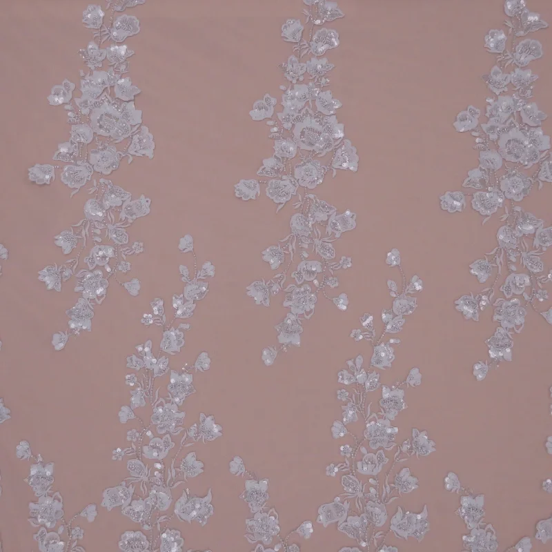 Instant Discount Silver Medium Floral Sequins and Beads on Embroidered Tulle Fabric