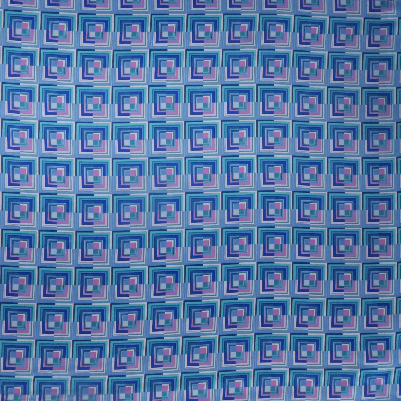 Low Prices Blue and Aqua Modern Squares Printed Silk Charmeuse Fabric