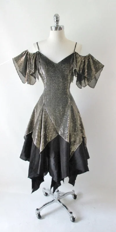 Overstock Vintage 70's Gold Off The Shoulders Handkerchief Hem Party Dress M