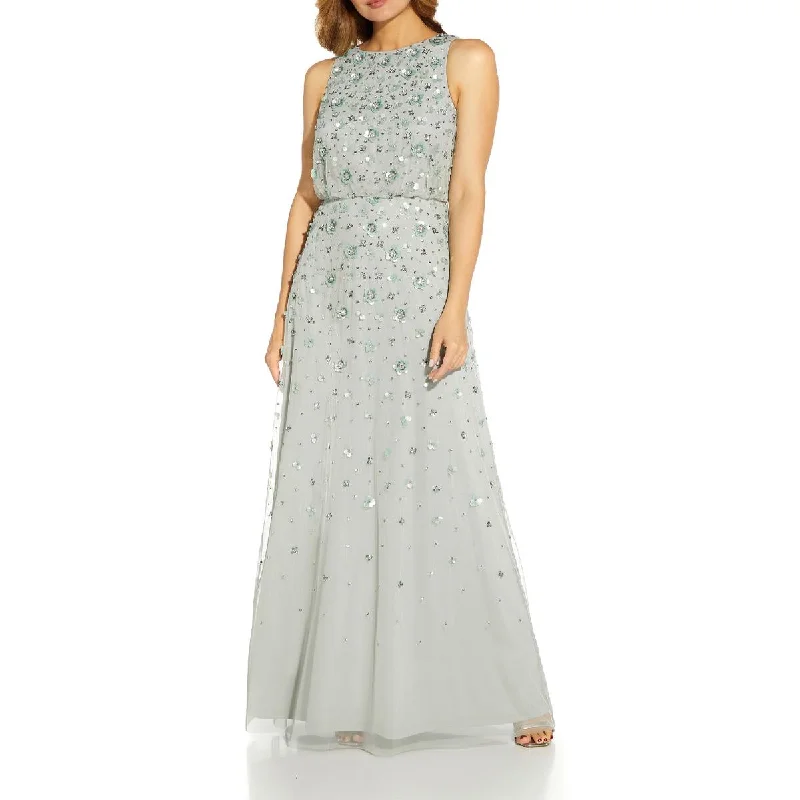 Adrianna Papell Women's Floral Beaded Sleeveless Halter Blouson Gown