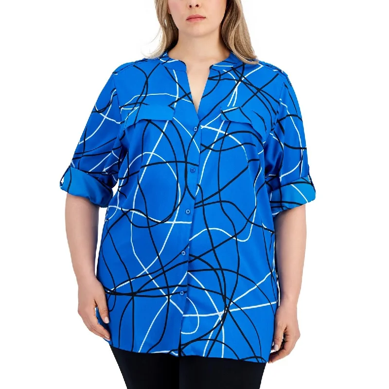 Calvin Klein Womens Plus Printed  Button-Down Top