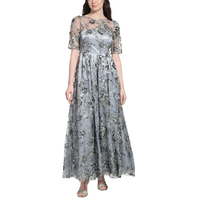 Eliza J Womens Floral-Embroidered Long Evening Dress