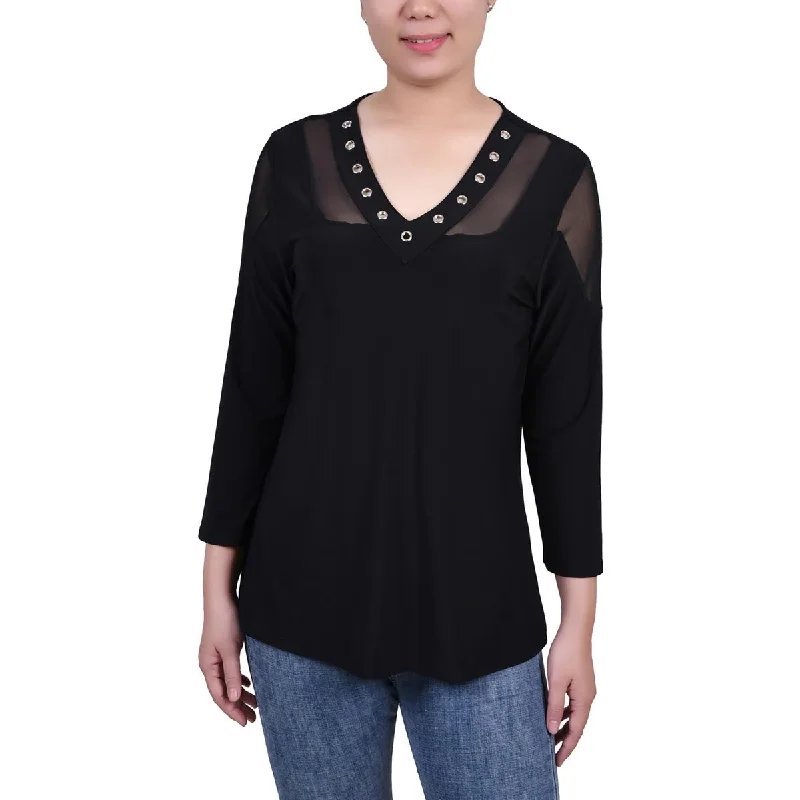 NY Collection Womens Petites Embellished V-Neck Blouse