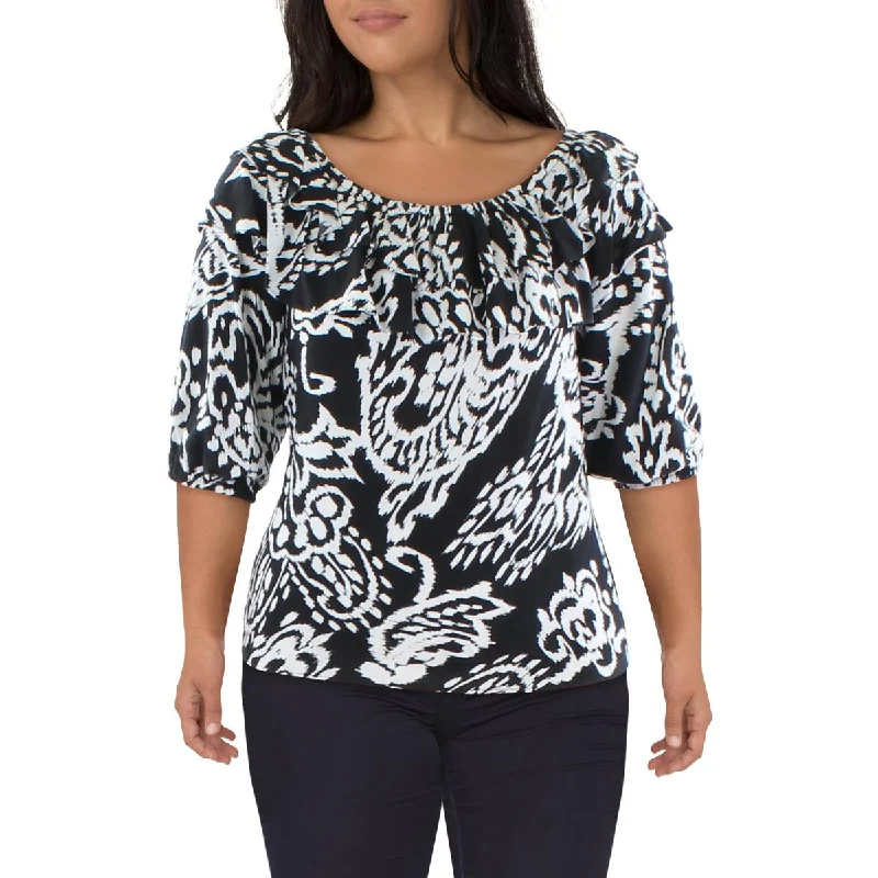 Sam and Jess Womens Ruffled Neckline Abstract Blouse