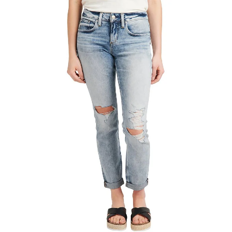 Silver Jeans Womens Mid-Rise Destroyed Boyfriend Jeans