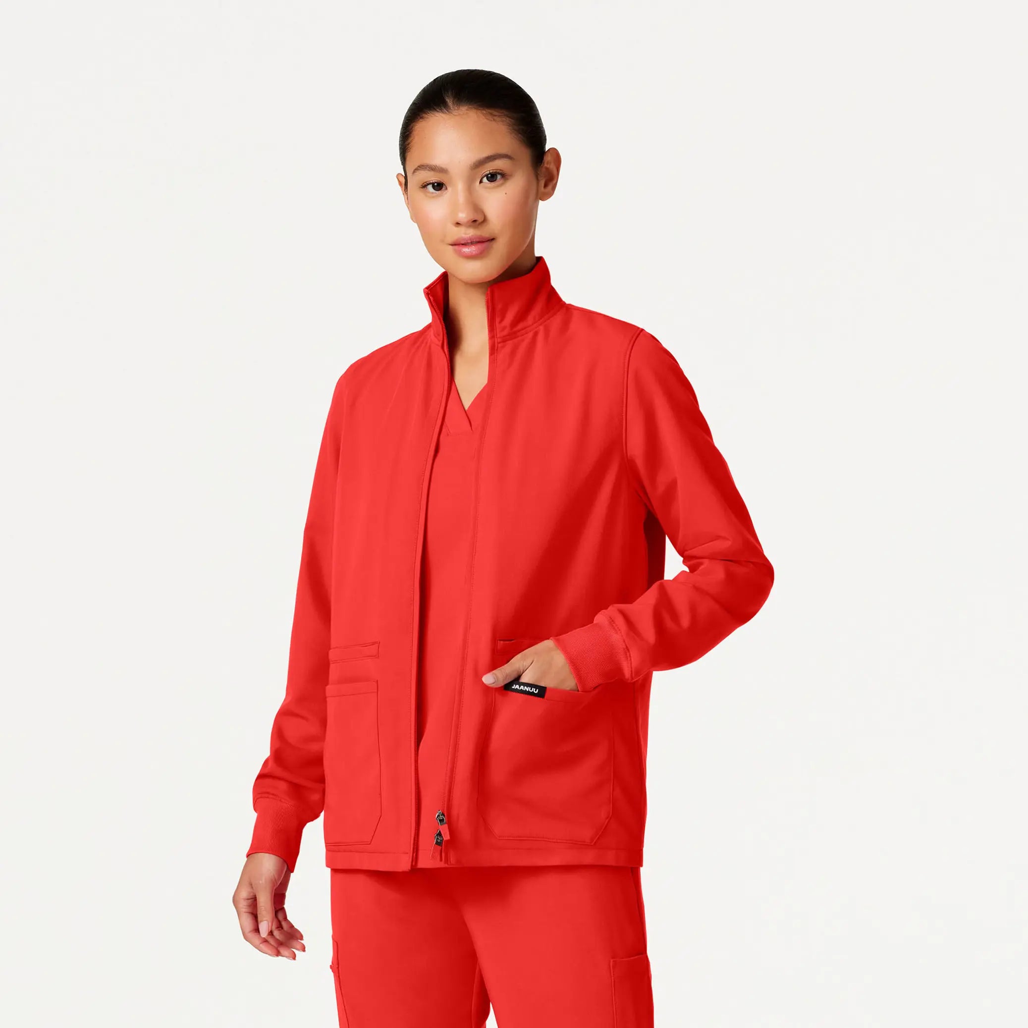 Jaanuu Women's Ceri Essential 6-Pocket Scrub Jacket - Solar Red