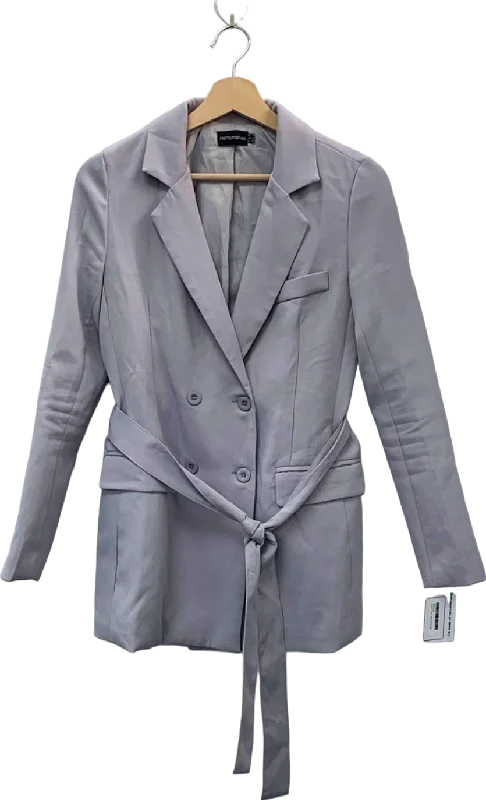 PRETTYLITTLETHING Grey Double Breasted Blazer with Tie Belt UK 4